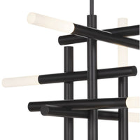 Modern Cass chandelier with black vertical and horizontal arms and frosted acrylic LED diffusers.