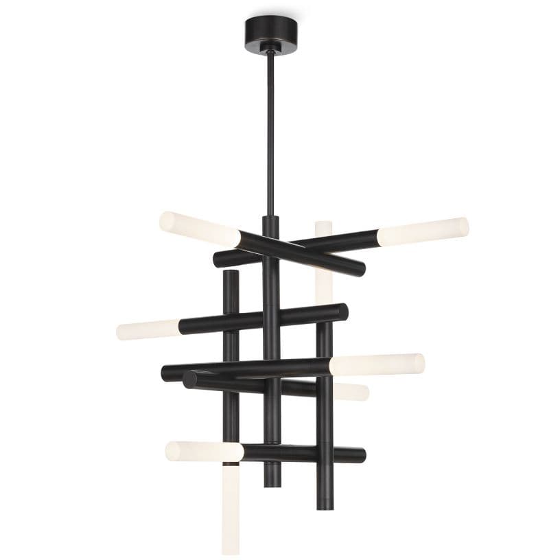 Modern black chandelier with horizontal and vertical arms and frosted acrylic LED diffusers.