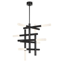 Modern black chandelier with horizontal and vertical arms and frosted acrylic LED diffusers.