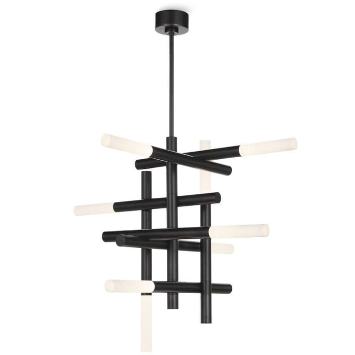 Modern black chandelier with horizontal and vertical arms and frosted acrylic LED diffusers.