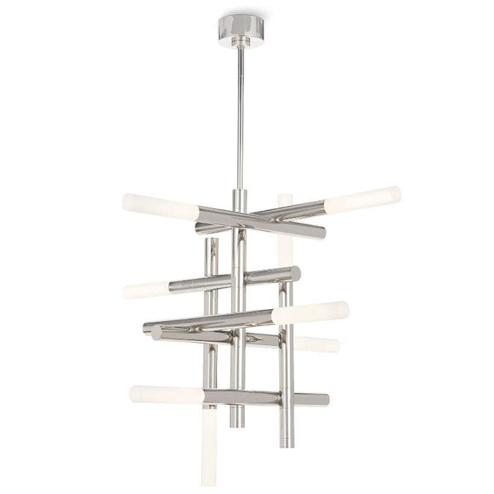 Modern Cass polished nickel chandelier with horizontal and vertical arms and frosted acrylic diffusers.