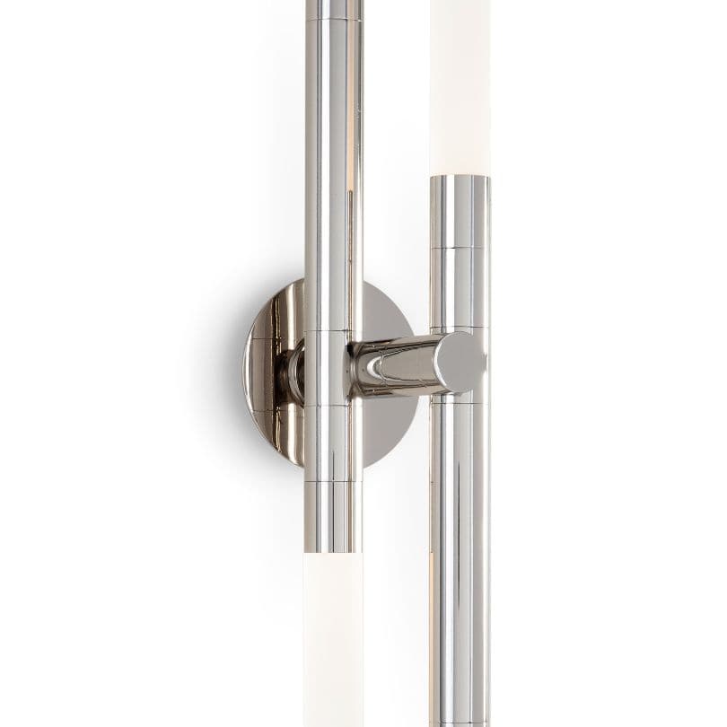 Polished nickel Cass Wall Sconce with four frosted acrylic bulb covers and rotating arms.