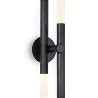 Modern black Cass Wall Sconce with four rotating arms and frosted acrylic bulb covers, providing diffused light.