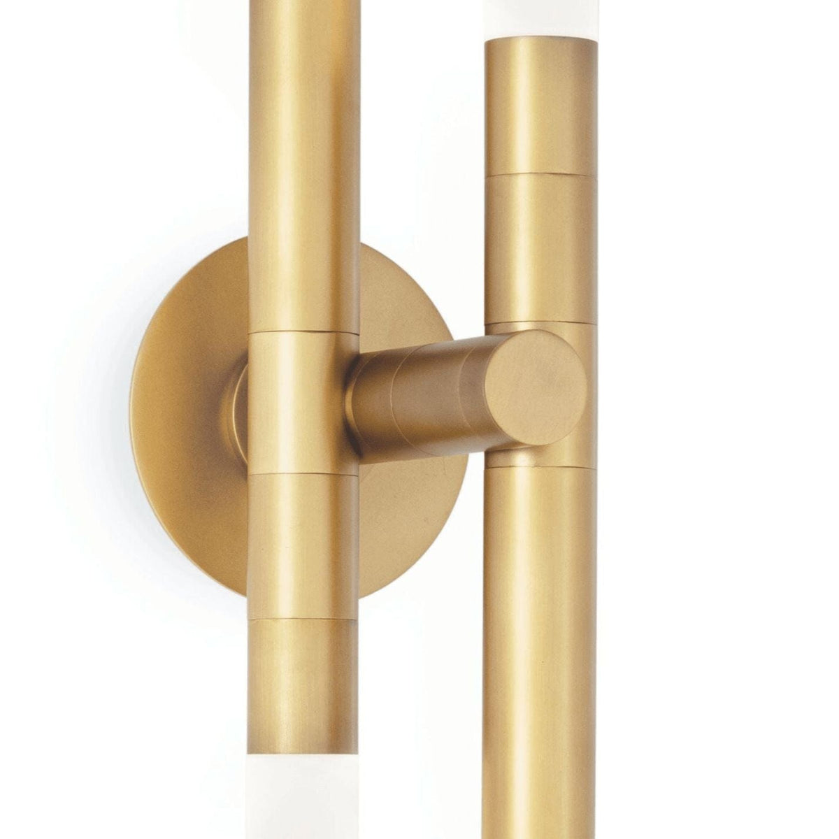Modern brass Cass Wall Sconce with two rotating arms and frosted acrylic bulb covers.