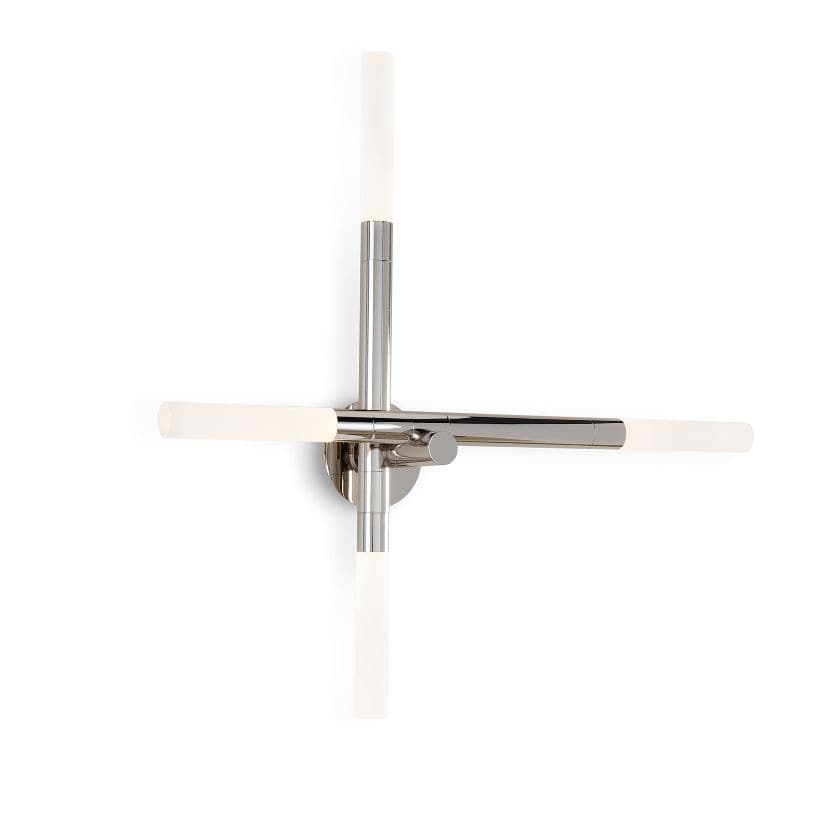 Polished nickel Cass Wall Sconce with four rotating arms and frosted acrylic bulb covers, 38.25" high.