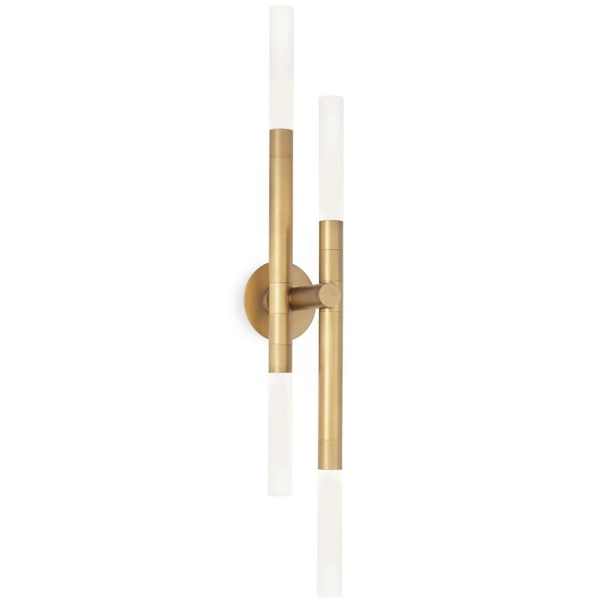 Cass Wall Sconce: Modern brass fixture with four frosted acrylic cylindrical lights, 38.25" tall.