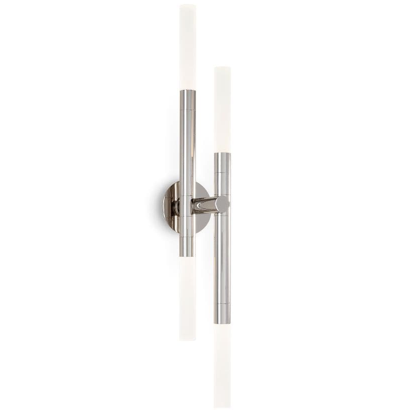 Modern Cass Wall Sconce with four rotating polished nickel arms and frosted acrylic bulb covers.