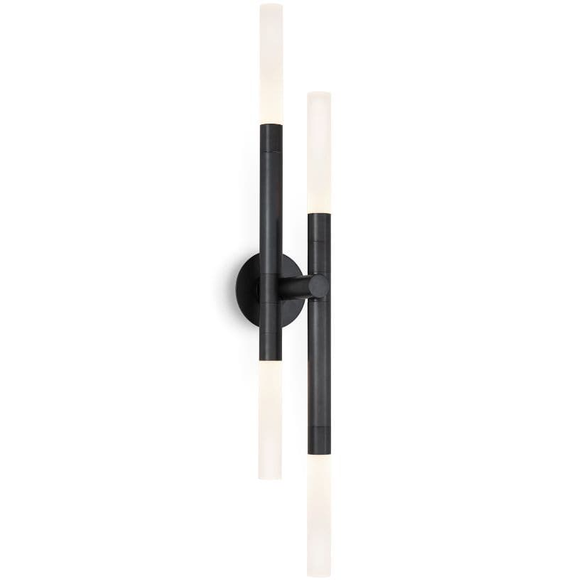 Black Cass Wall Sconce with two rotating arms and frosted acrylic bulb covers, 38.25" tall.