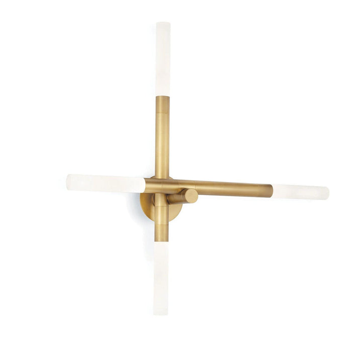 Cass Wall Sconce: Sculptural brass fixture with four rotating arms and frosted acrylic bulb covers.