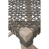 Close-up of a Cassie Gray Rope Outdoor Backless Counter Stool, showing the woven gray rope seat and light teak wood frame.