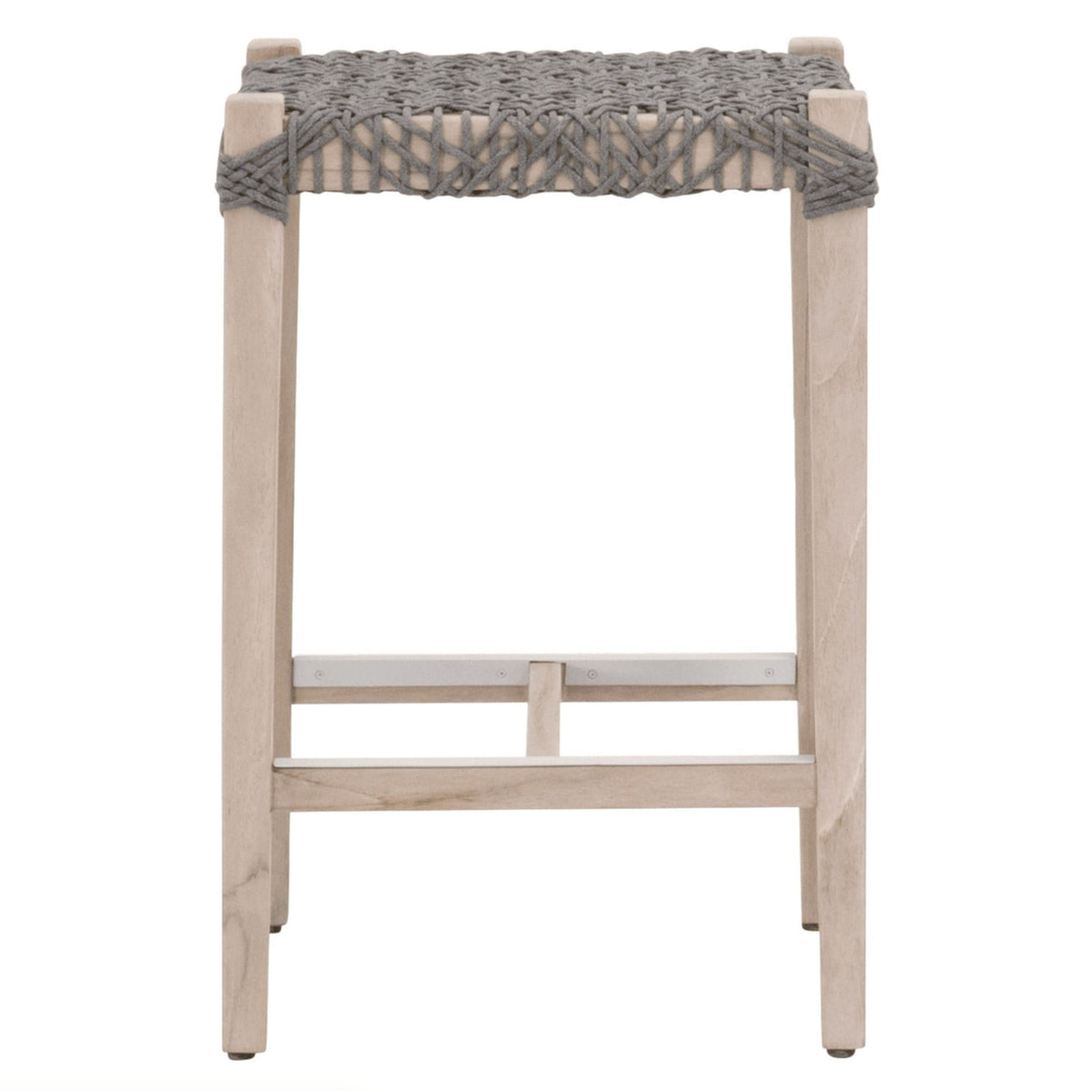 Cassie Gray Rope Outdoor Backless Counter Stool with light teak frame and woven gray rope seat.
