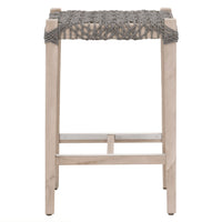 Cassie Gray Rope Outdoor Backless Counter Stool with light teak frame and woven gray rope seat.