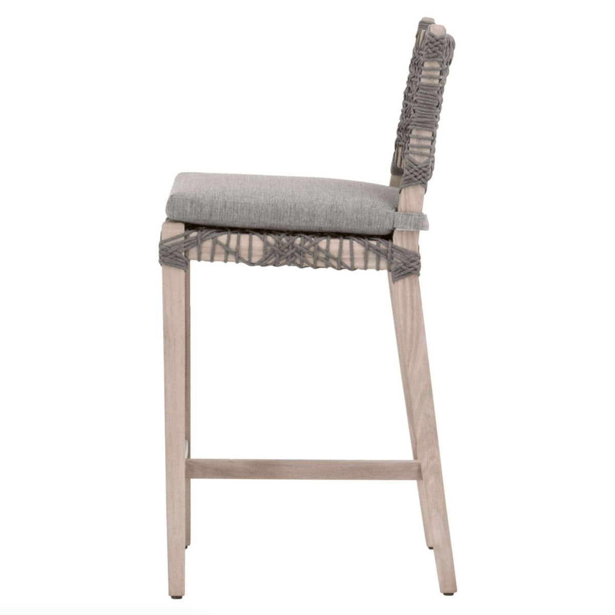 Cassie Gray Rope Outdoor Counter Stool with dove flat rope and performance dove gray teak frame.