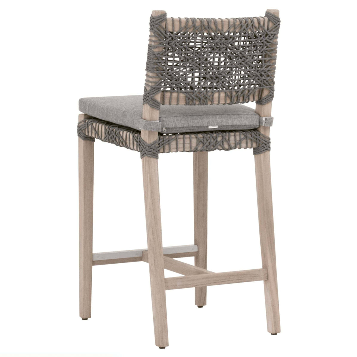 Cassie Gray Rope Outdoor Counter Stool with dove gray teak frame and woven back.
