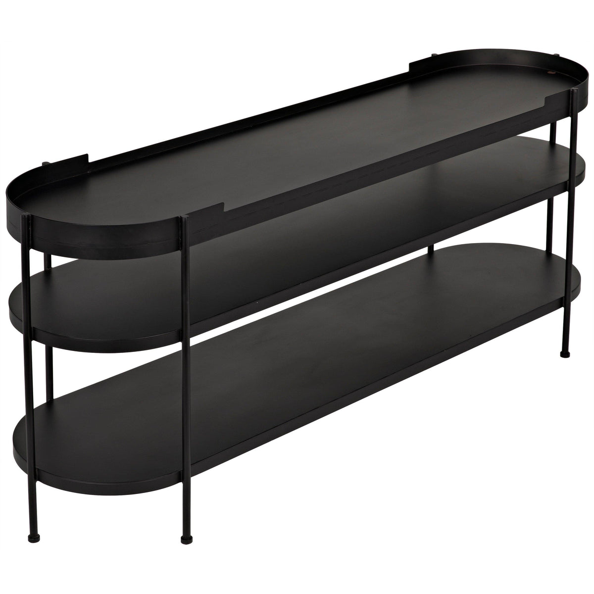 Cassio mid-century modern black steel console table with three oval shelves.