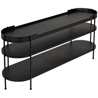 Cassio mid-century modern black steel console table with three oval shelves.