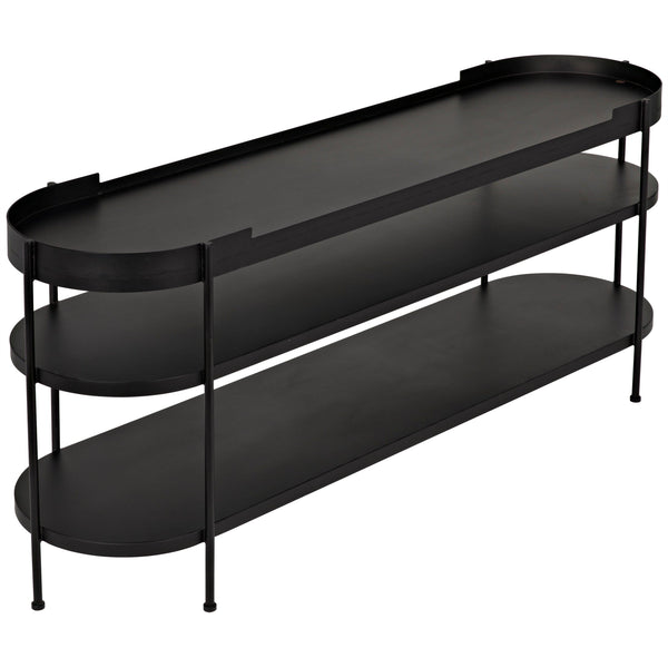 Cassio mid-century modern black steel console table with three oval shelves.