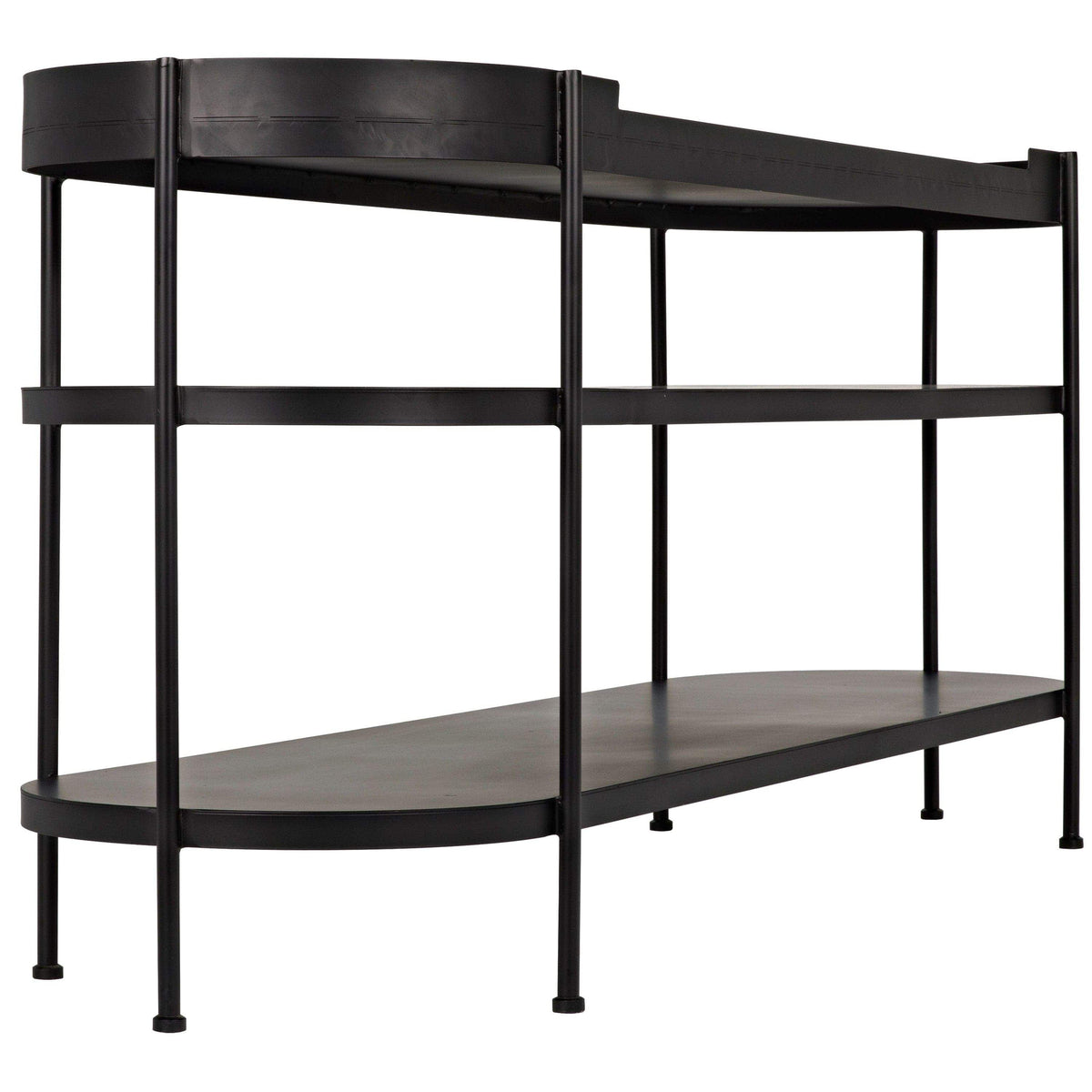 Black steel mid-century modern console table with three shelves and clean metal lines.