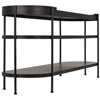 Black steel mid-century modern console table with three shelves and clean metal lines.