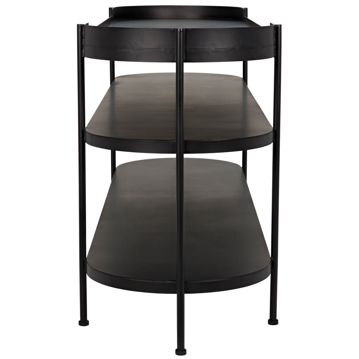 Cassio black steel console table with three mid-century modern shelves.