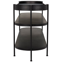 Cassio black steel console table with three mid-century modern shelves.