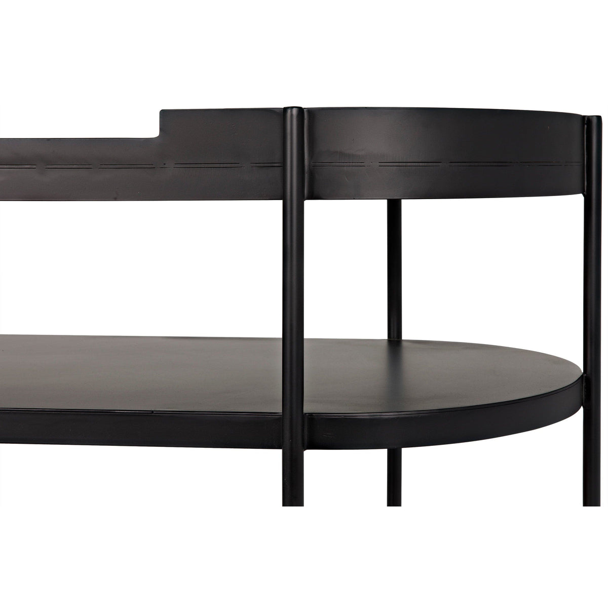 Cassio mid-century modern black steel console table with three shelves.