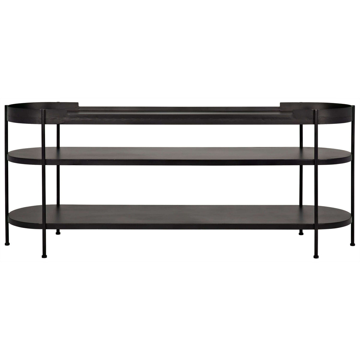 Cassio black steel console table with mid-century modern design and three oval shelves.