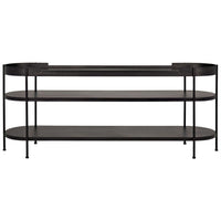 Cassio black steel console table with mid-century modern design and three oval shelves.