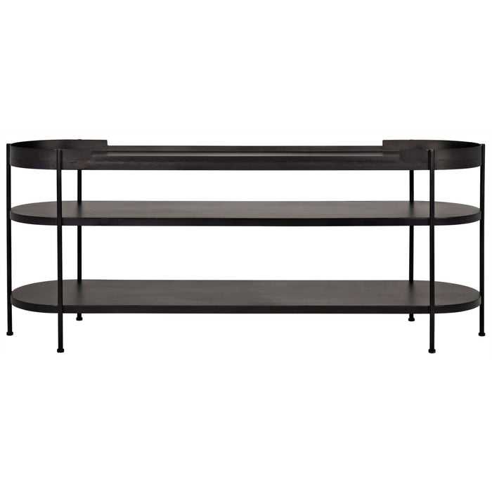 Cassio black steel console table with mid-century modern design and three oval shelves.