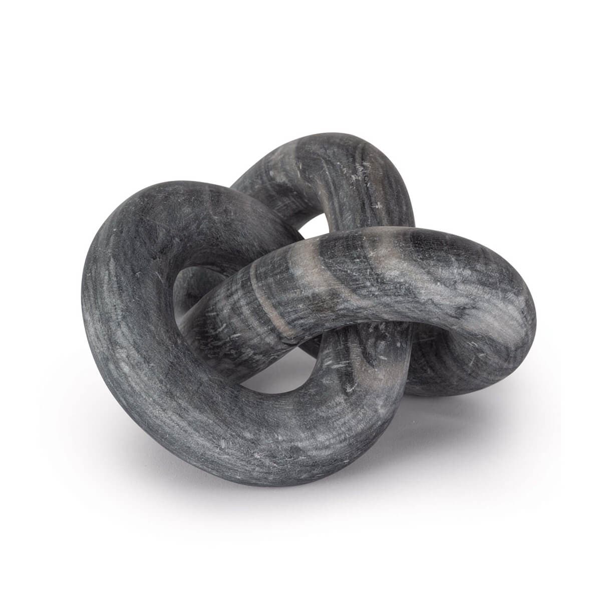 Abstract Cassius marble decorative table sculpture, hand-carved, dark gray with light veins, flowing knot design.