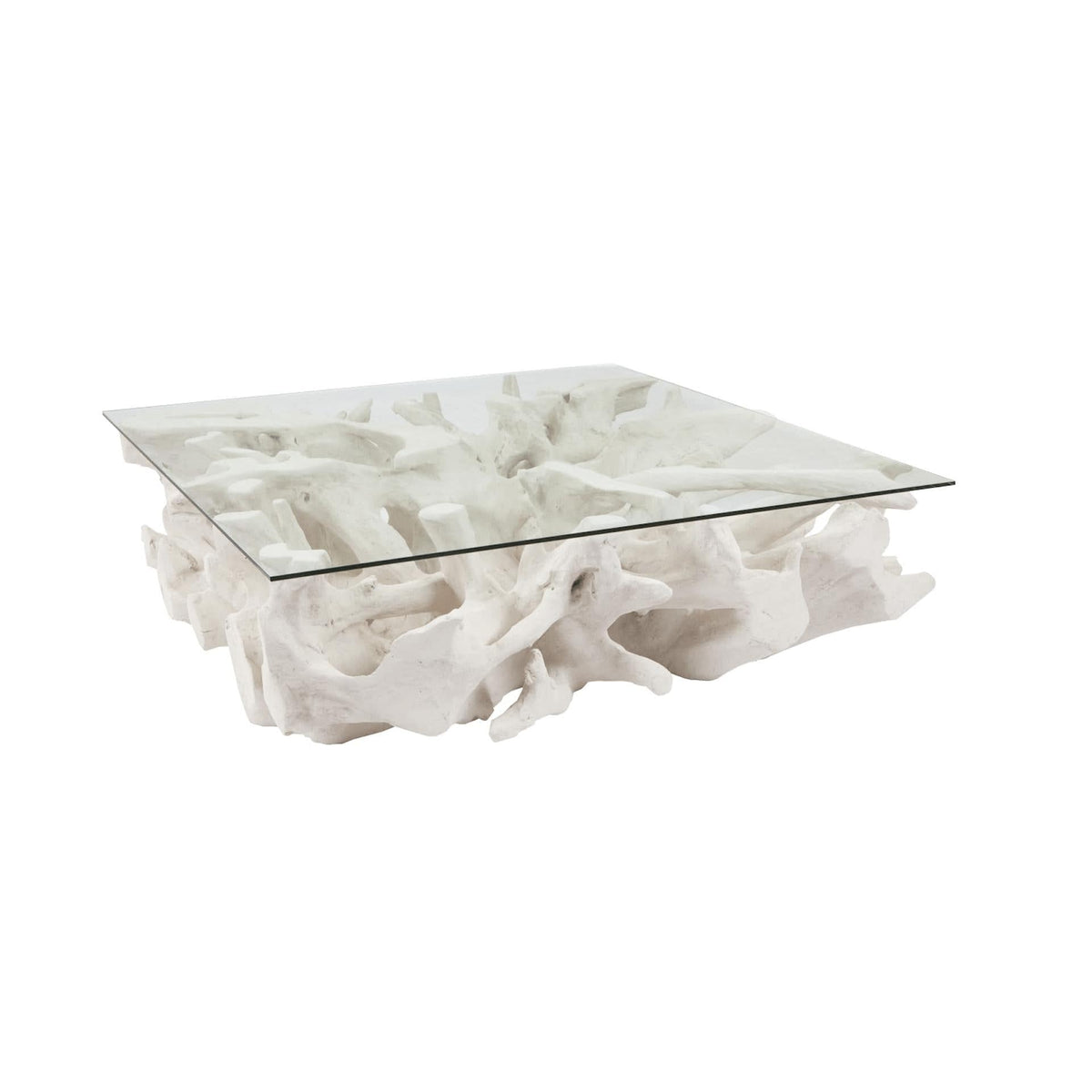 Off-white cast root resin coffee table with a clear glass top, natural-inspired design.