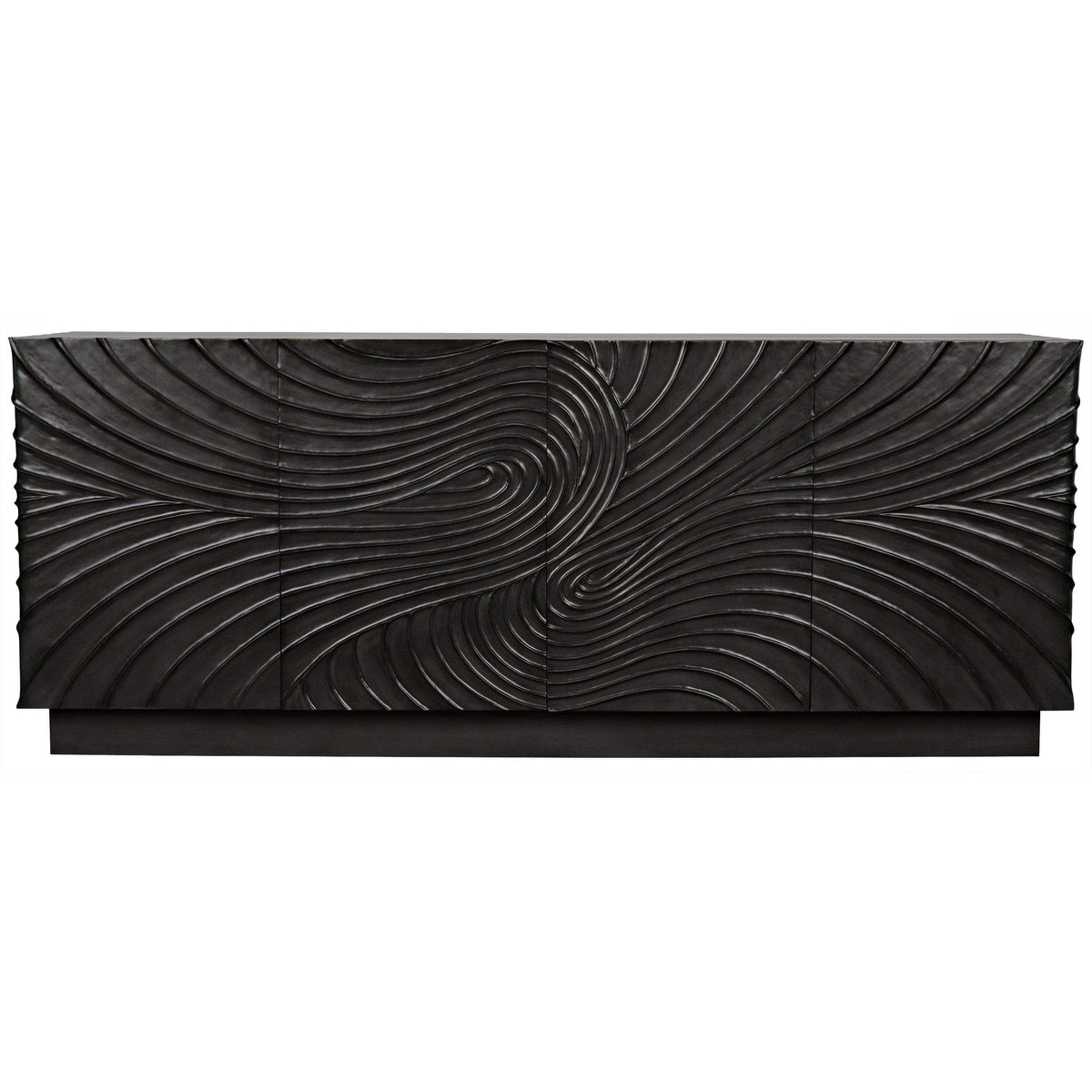 Dark grey mahogany sideboard with hand-carved, swirling cupboard doors.