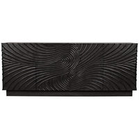 Dark grey mahogany sideboard with hand-carved, swirling cupboard doors.