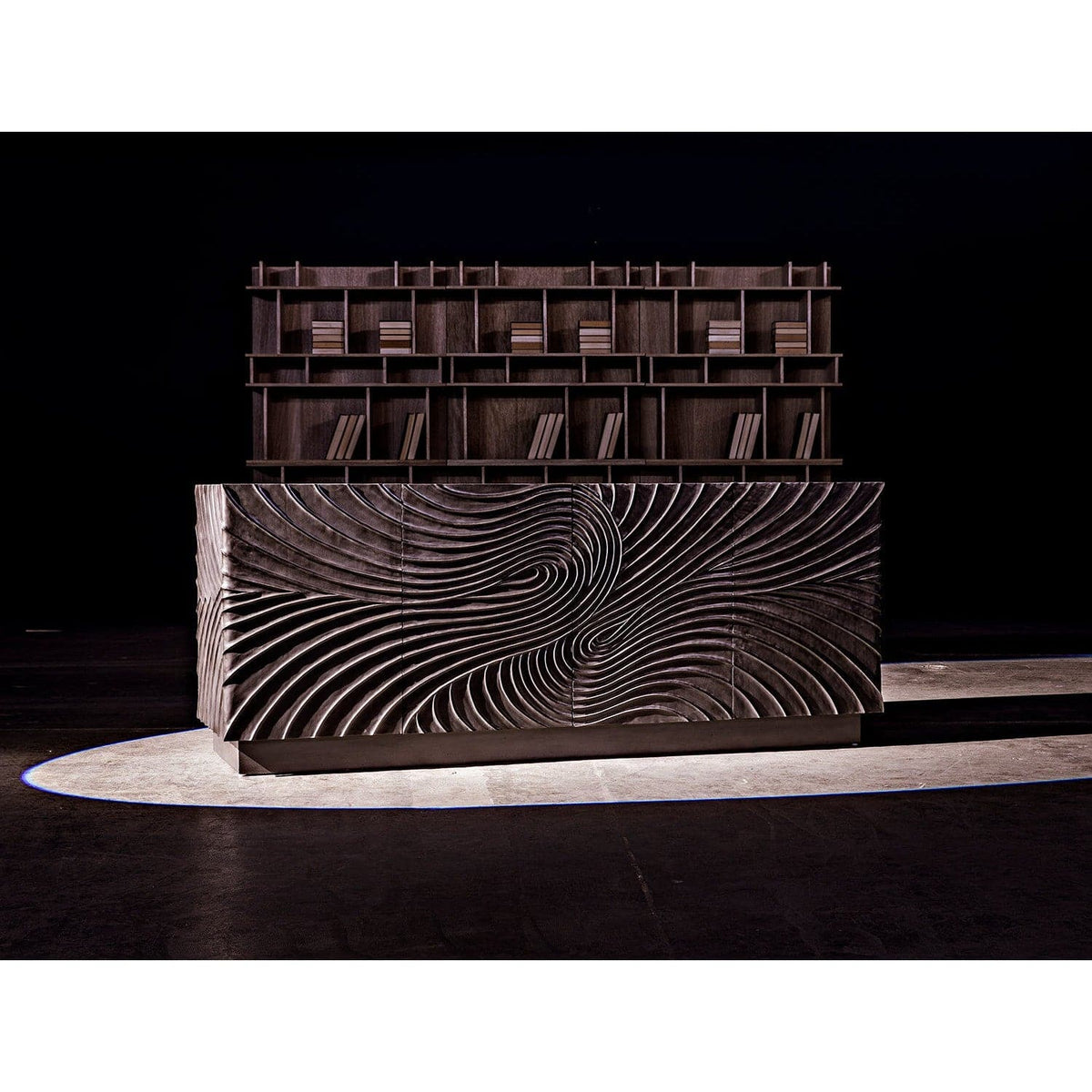 Dark grey mahogany sideboard with hand-carved swirling cupboard doors, 80" wide.