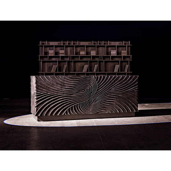 Dark grey mahogany sideboard with hand-carved swirling cupboard doors, 80" wide.