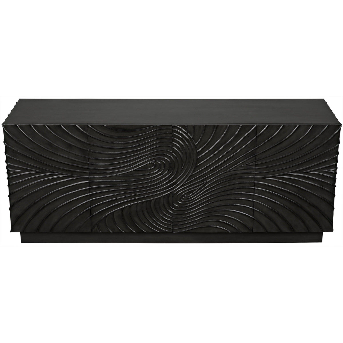 Dark grey mahogany sideboard with hand-carved wavy cupboard doors, 80" wide.