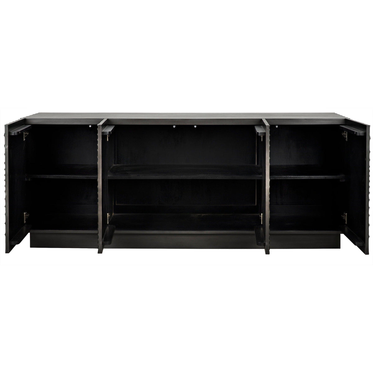Cavalier Pale Black mahogany sideboard with hand-carved doors open, revealing interior storage shelves.