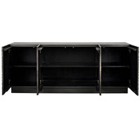 Cavalier Pale Black mahogany sideboard with hand-carved doors open, revealing interior storage shelves.