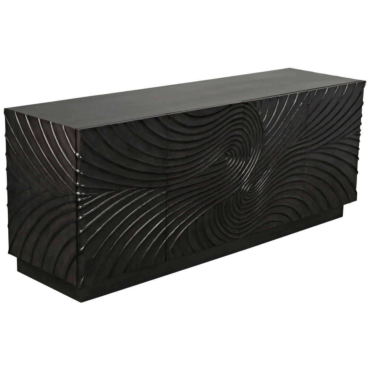 Dark grey mahogany sideboard with hand-carved wavy cupboard doors.