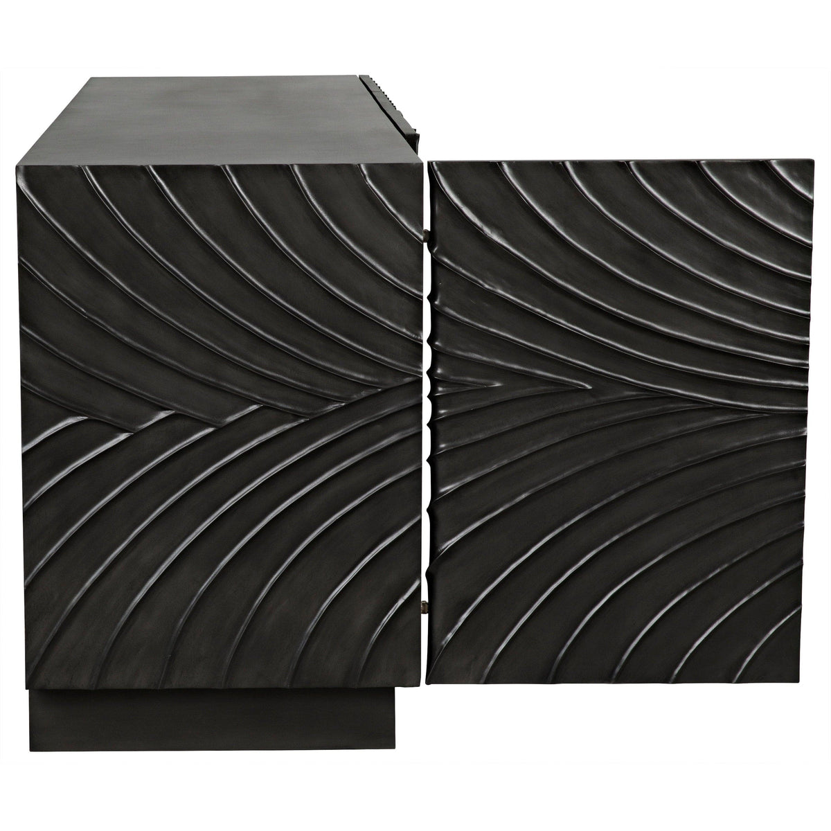 Dark grey mahogany sideboard with hand-carved, wavy cupboard doors.