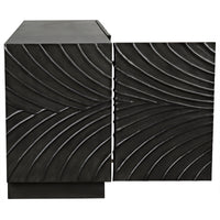 Dark grey mahogany sideboard with hand-carved, wavy cupboard doors.