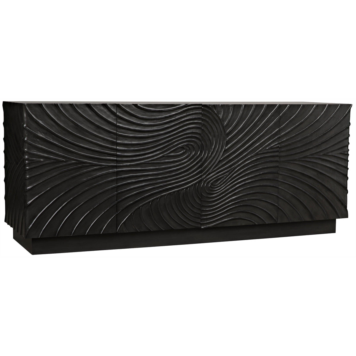 Dark grey mahogany sideboard with hand-carved, swirling cupboard doors.