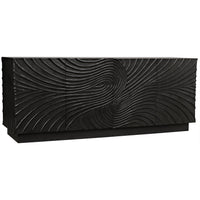 Dark grey mahogany sideboard with hand-carved, swirling cupboard doors.