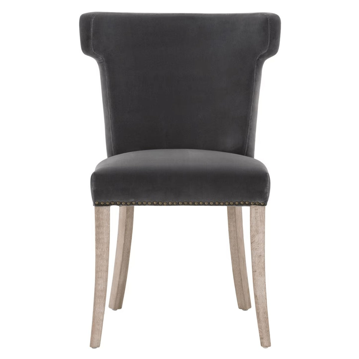 Dark dove velvet dining chair with sculpted wingback design and light wood legs.