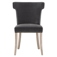 Dark dove velvet dining chair with sculpted wingback design and light wood legs.