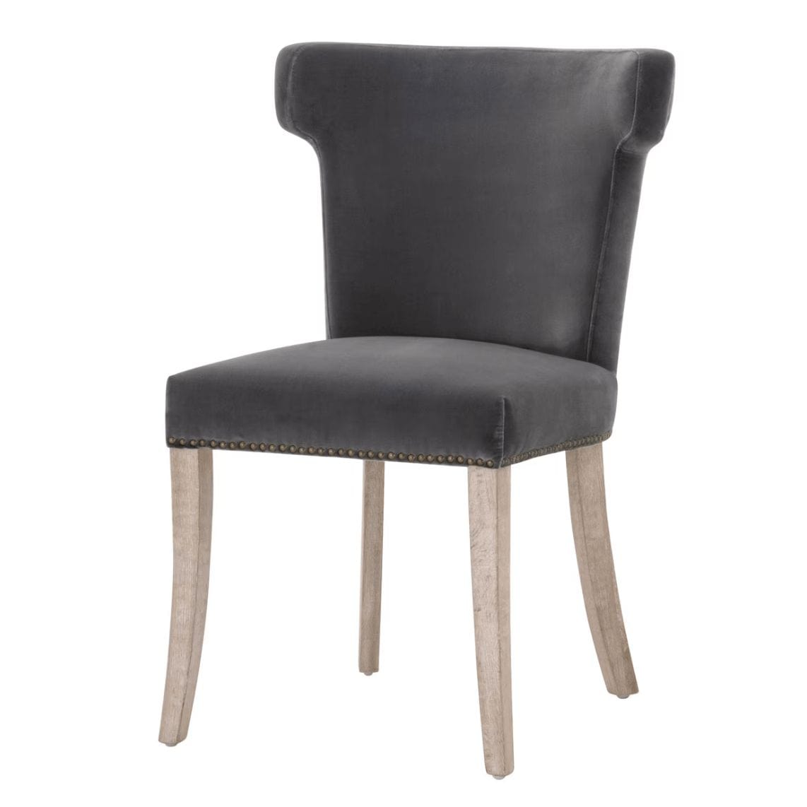 Dark dove velvet dining chair with sculpted wingback, nailhead trim, and light wood legs.