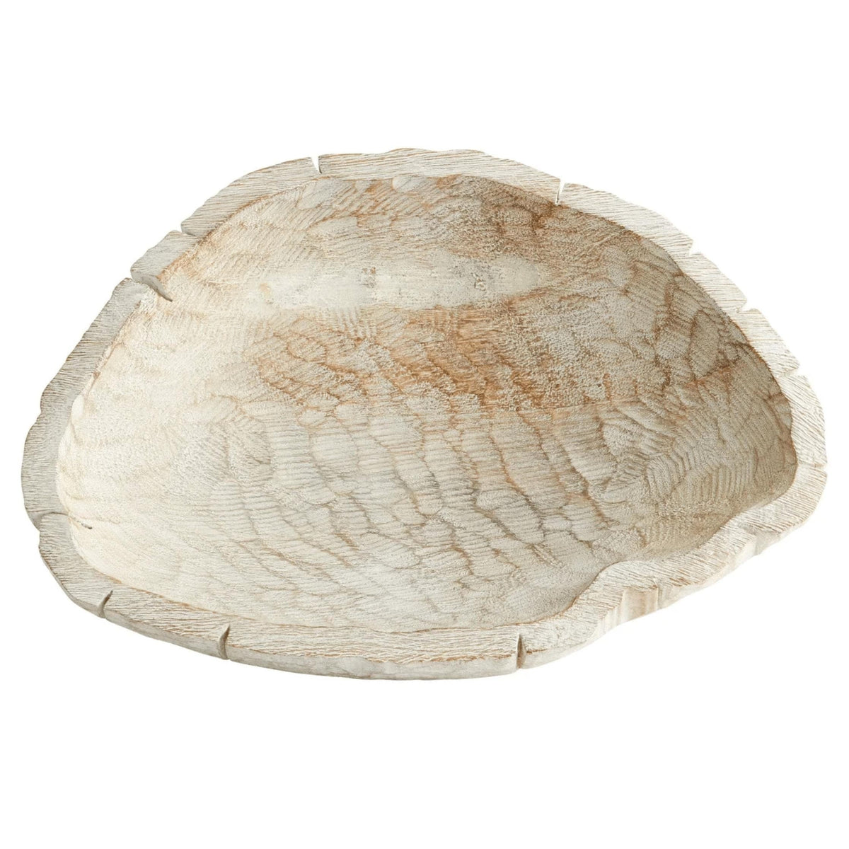 Celina whitewashed Ardu wood decorative bowl with rustic, natural design and unique texture.