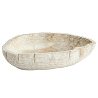 Celina whitewashed Ardu wood decorative bowl with rustic texture, 11.5"W x 15.5"L.