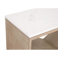 Cellar Smoke Gray & White Quartz Console Table with a solid smoke gray oak wood base and white quartz top.