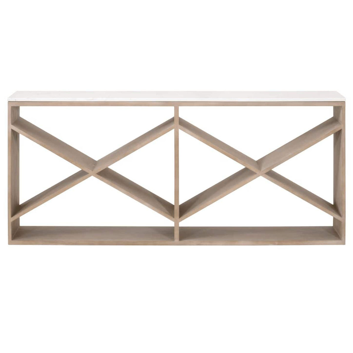 Cellar Smoke Gray & White Quartz Console Table with smoke gray oak base and white quartz top.
